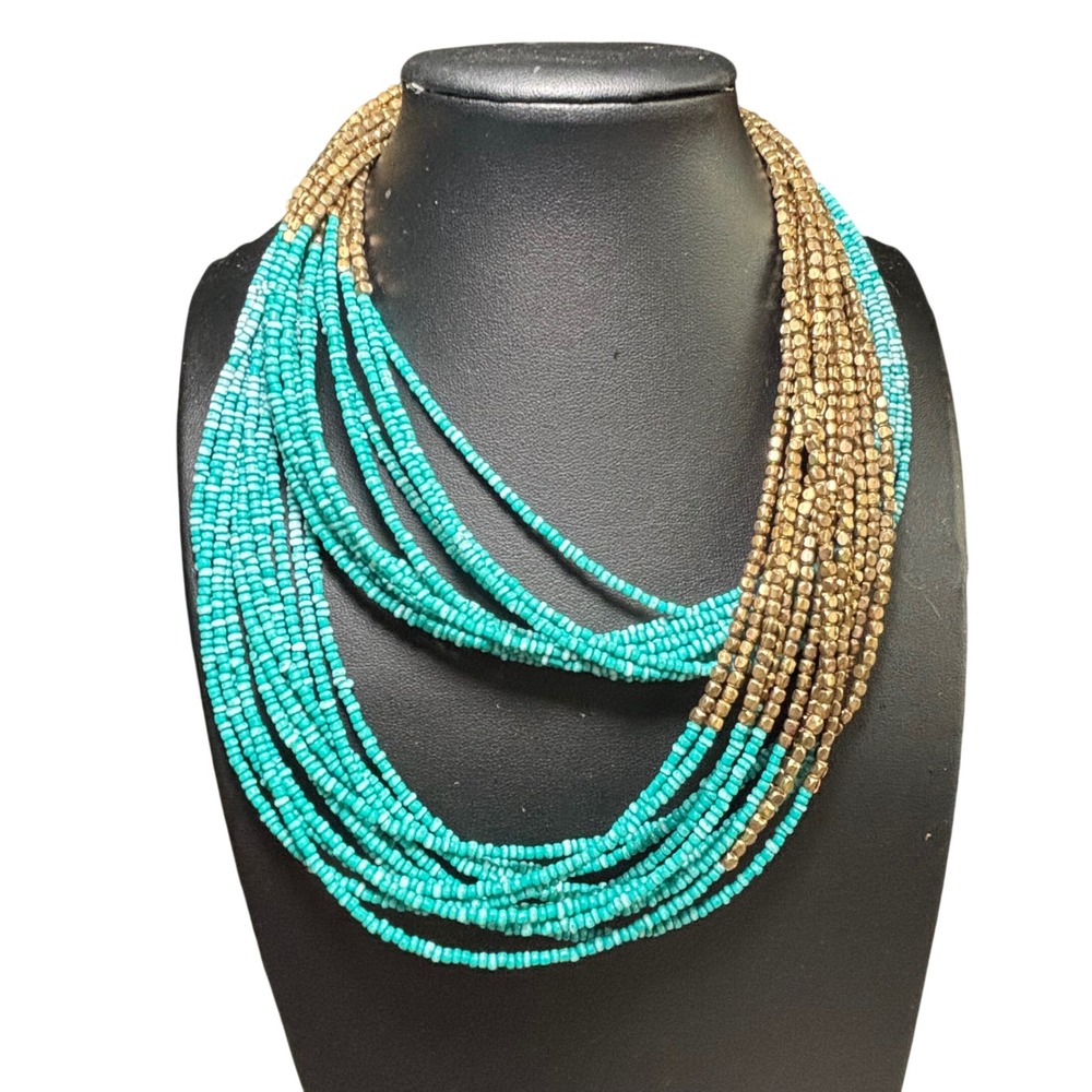 Multi Strand Seed Bead Necklace Turquoise Bronze Metallic Layered Long Statement